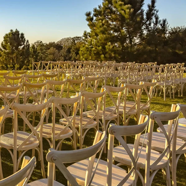 Білі стільці на газоні для сонячного весілля на відкритому повітрі — стокове фото