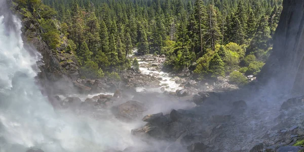 Yosemite Falls running through trees in the valley — Stock Photo, Image