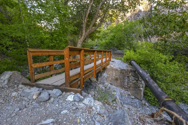 Holzbrücke über felsigen Bach in der Wildnis — Stockfoto