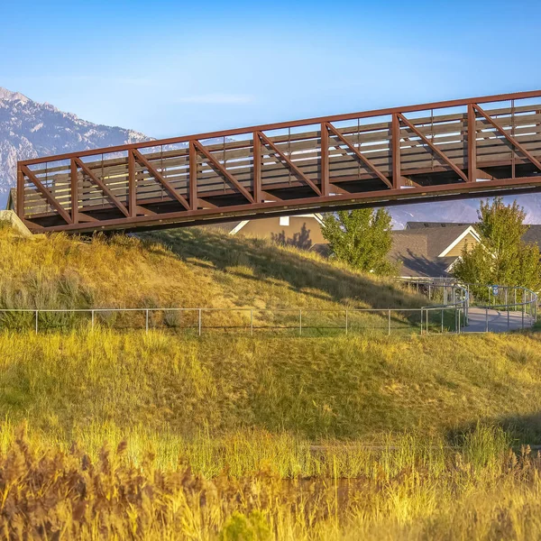 Sendero sinuoso y puente sobre una pendiente cubierta de hierba iluminada por el sol — Foto de Stock