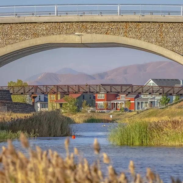 The man made Oquirrh Lake with view of two bridges