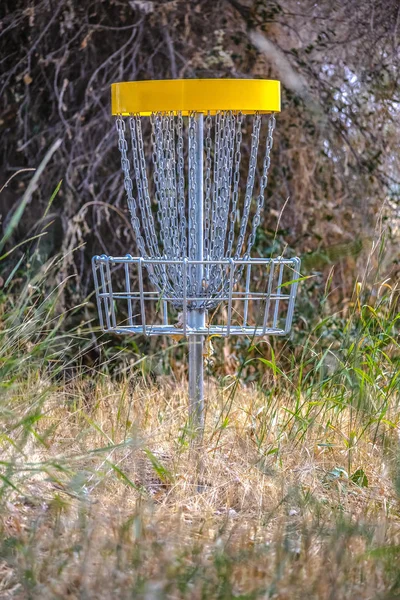 Металлическая корзина для фрисби-гольфа на травянистом поле — стоковое фото