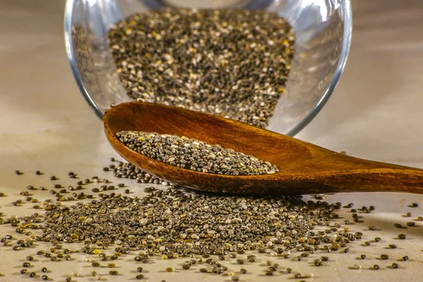 Surface with chia seeds on glass jar and spoon