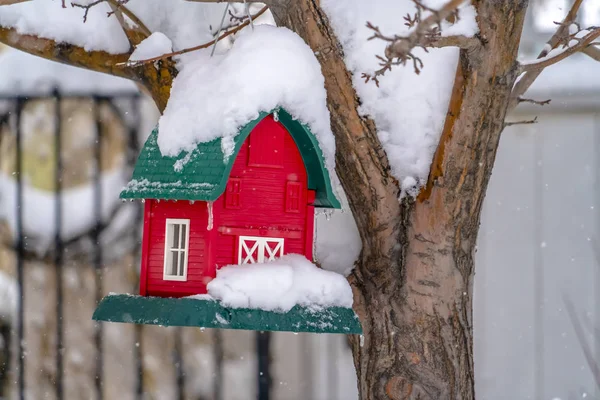 Paisaje de invierno con casa en miniatura en un árbol — Foto de Stock