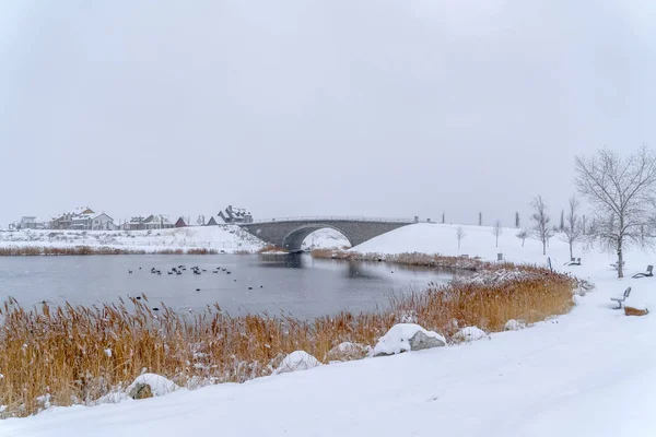 Lago con puente en un país de las maravillas de invierno en Utah — Foto de Stock