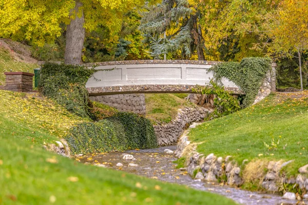 Stone bridge over a stream against lush trees