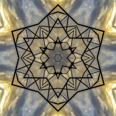 Geometri rozet ve metal ile yapılan yıldız. Geometrik kaleydoskop desen simetrisi yansıma yansıtılmış ekseninde. Reklam arka plan veya arka plan için bir duvar kağıdı olarak renkli şekiller.