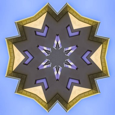 Altıgen yıldız gayrimenkul fotoğraf ile yaptı. Geometrik kaleydoskop desen simetrisi yansıma yansıtılmış ekseninde. Reklam arka plan veya arka plan için bir duvar kağıdı olarak renkli şekiller.