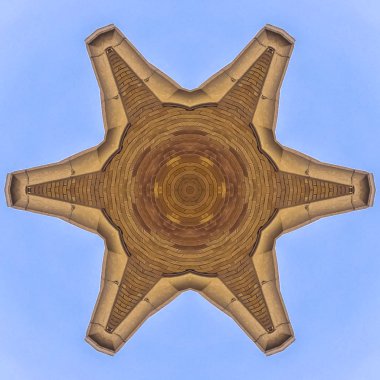 Kilise tuğla duvardan yapılmış altı taraflı yıldız şekli. Geometrik kaleydoskop desen simetrisi yansıma yansıtılmış ekseninde. Reklam arka plan veya arka plan için bir duvar kağıdı olarak renkli şekiller.