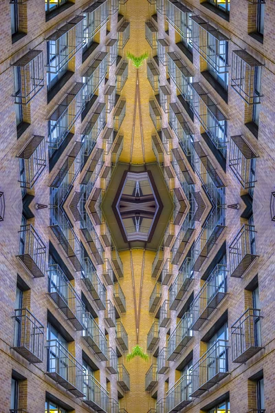 Complex Balcony Apartments Windows Geometric Kaleidoscope Pattern Mirrored Axis Symmetry — Stock Photo, Image