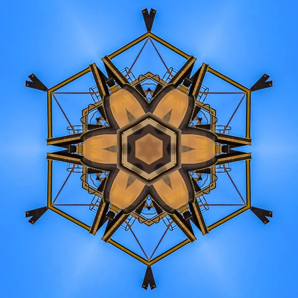 Abstrakte Blume Aus Industriemetall Foto Geometrisches Kaleidoskopmuster Auf Gespiegelter Achse — Stockfoto