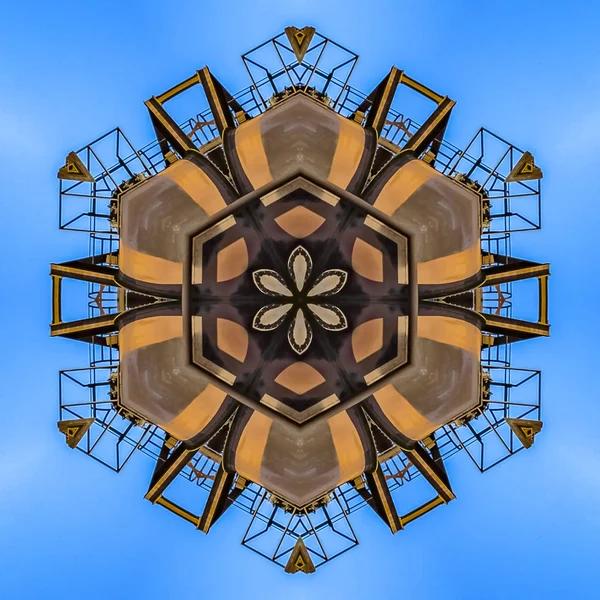 Abstrakte Dicke Blume Aus Industriellem Foto Geometrisches Kaleidoskopmuster Auf Gespiegelter — Stockfoto