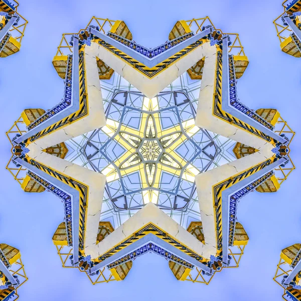 Kirschpflücker Tag Auf Der Baustelle Geometrisches Kaleidoskopmuster Auf Gespiegelter Symmetrieachse — Stockfoto