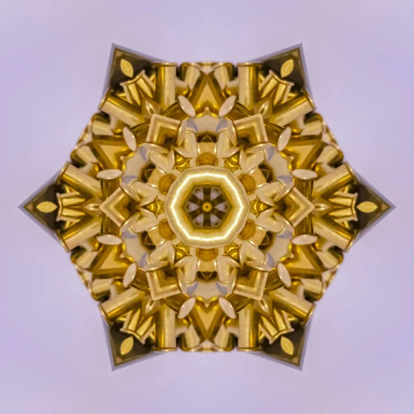 Circle with star points made from bullets on white. Geometric kaleidoscope pattern on mirrored axis of symmetry reflection. Colorful shapes as a wallpaper for advertising background or backdrop.