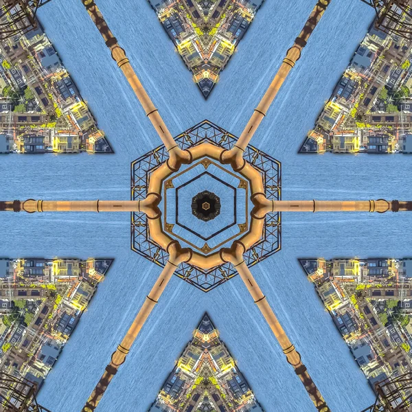 Grid pattern of city and metal pipe in water. Geometric kaleidoscope pattern on mirrored axis of symmetry reflection. Colorful shapes as a wallpaper for advertising background or backdrop.