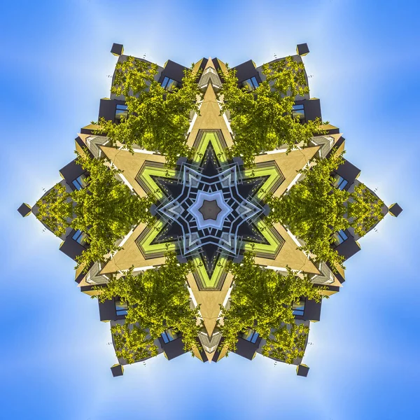 Sechseckstern Aus Gebäuden Und Laub Mit Punkten Geometrisches Kaleidoskopmuster Auf — Stockfoto