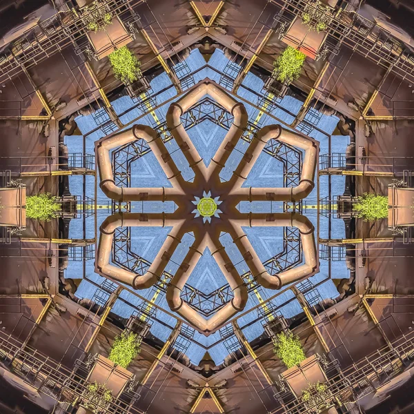 Metallblume Aus Einem Industriellen Foto Geometrisches Kaleidoskopmuster Auf Gespiegelter Symmetrieachse — Stockfoto