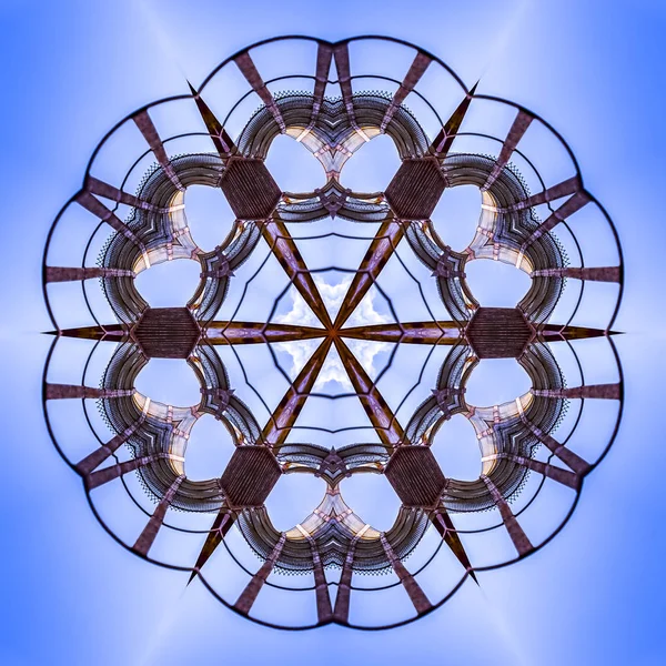 Metal Flower Shapes Made Industrial Photo Geometric Kaleidoscope Pattern Mirrored — Stock Photo, Image