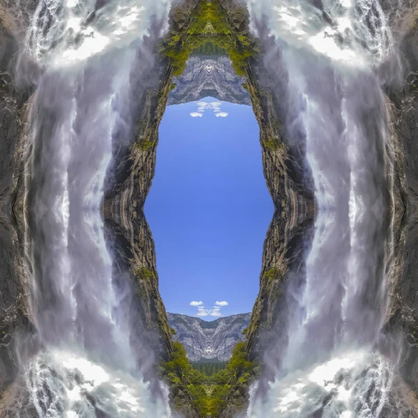 Quad Reflections Yosemite Falls California Geometric Kaleidoscope Pattern Mirrored Axis — Stock Photo, Image