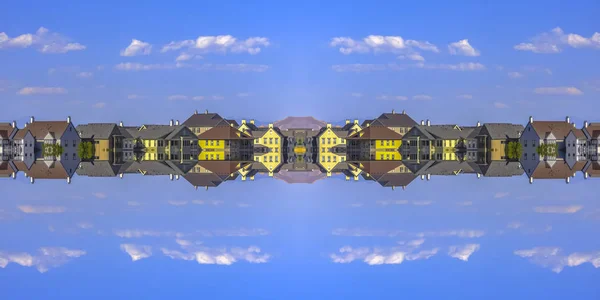 Spiegelungen Von Häusern Einem See Mit Bergen Geometrisches Kaleidoskopmuster Auf — Stockfoto