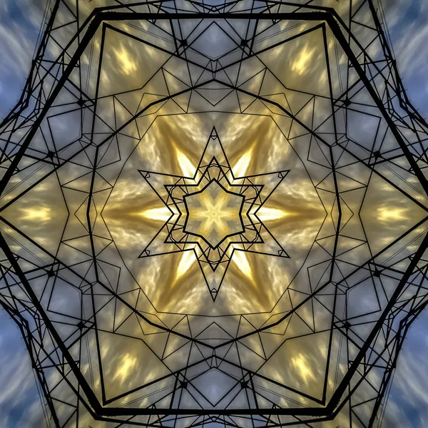 金属棒と夕日の黄色のライトです 対称性反射のミラー軸の幾何学的な万華鏡のパターン 広告の背景や背景の壁紙としてカラフルな図形 — ストック写真