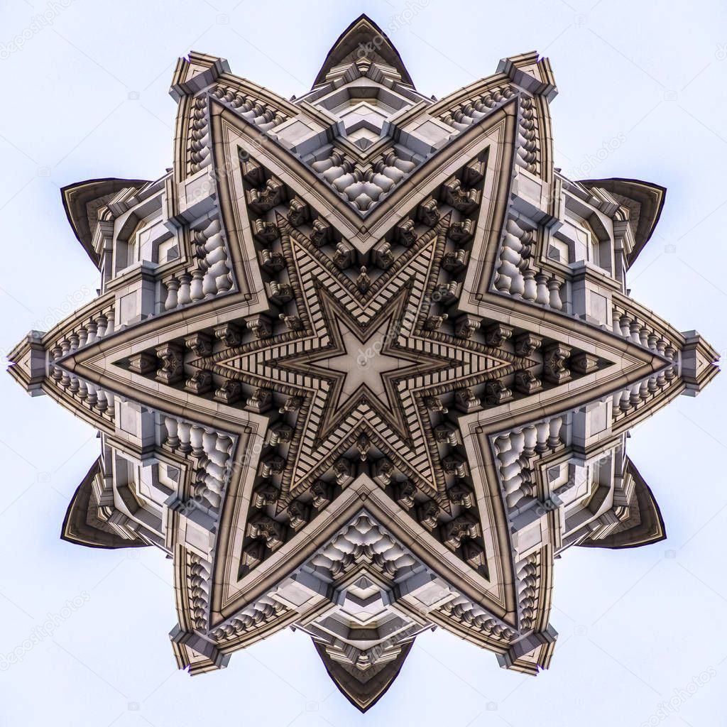 Angular and complex star design from Utah Capital building. Geometric kaleidoscope pattern on mirrored axis of symmetry reflection. Colorful shapes wallpaper for advertising background or backdrop.