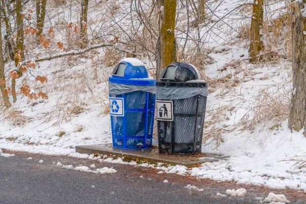 道路と雪に覆われた斜面の横にあるゴミ箱 — ストック写真