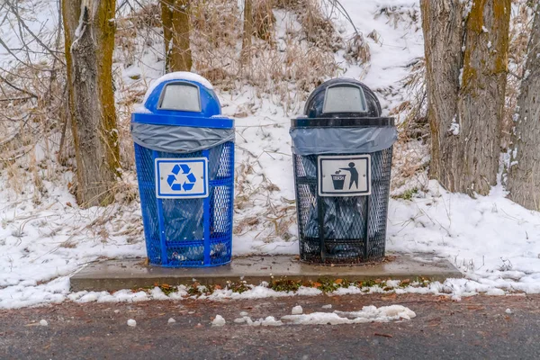 Trash cans with snowy slope and trees background