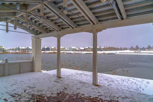 Pavilion on the shore of Oquirrh Lake in winter