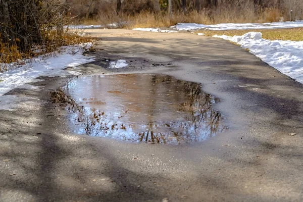 Puddle of water on the road at Highland Glen Park