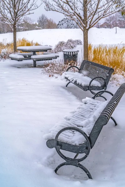 Tisch und Bänke auf einem schneebedeckten Park — Stockfoto