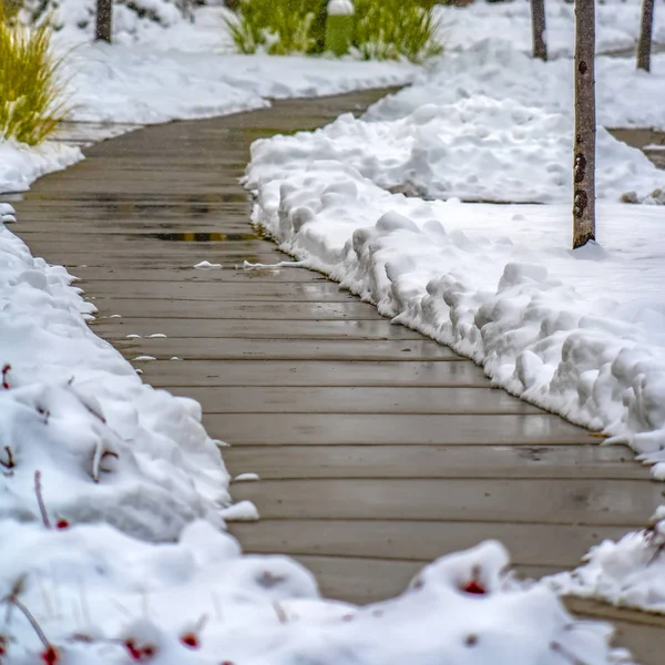 Nasser Holzweg auf schneebedecktem Boden im Winter — Stockfoto