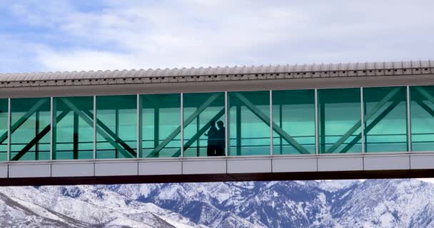 Um par de pessoas caminhando acroos um skywalk — Vídeo de Stock