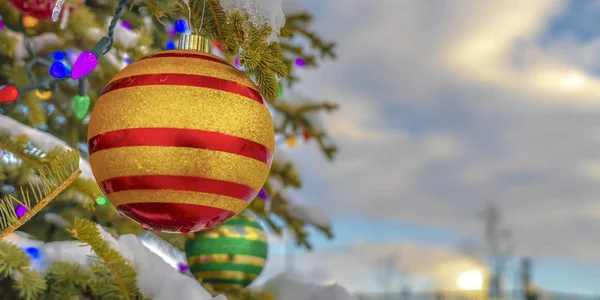 Bola vibrante y luces de colores en el árbol nevado — Foto de Stock