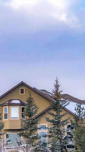 Vertical Exterior de uma casa elegante contra o céu azul com nuvens inchadas no inverno — Fotografia de Stock