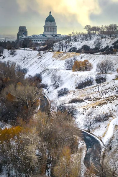 Hill and Utah State Capital Building in winter