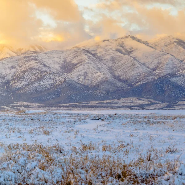 Montagne carrée majestueuse au-delà du terrain herbeux recouvert de neige en hiver — Photo