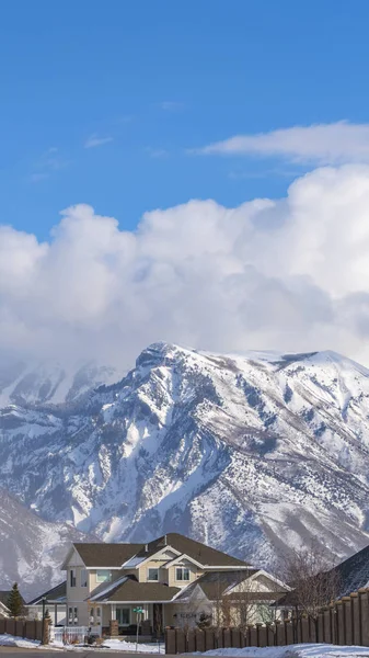 Klara vertikala vackra hem mot ett magnifikt snötäckt berg på vintern — Stockfoto