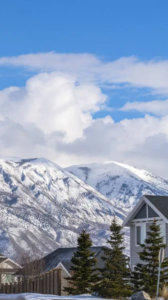 Vertical Hermosas casas contra una magnífica montaña cubierta de nieve en invierno — Foto de Stock