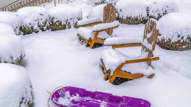 Panorama Mor kızak ahşap sandalye ve Çalılar Daybreak Utah karlı bir bahçe içinde