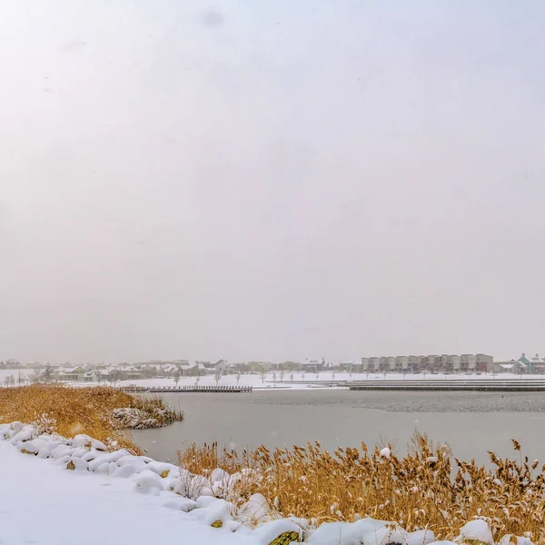 Cuadrado Panorama de un lago al amanecer con nieve cubriendo la orilla bordeada de hierba — Foto de Stock