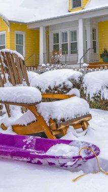 Daybreak Utah ahşap sandalye ve mor kızak arkasında Net Dikey Buzlu çalılık