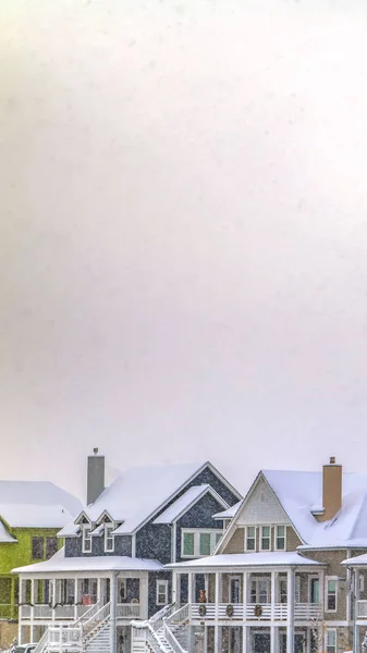 Borrar Vertical Casas agradables con techos cubiertos de nieve contra un cielo nublado en invierno —  Fotos de Stock