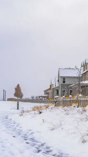 Vertical clima de invierno con sendero estampado en la nieve hacia las casas en el amanecer . — Foto de Stock