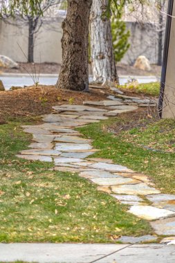 Çimenli bir arazide bir yol oluşturmak için bir araya getirilmiş Dikey Düzensiz taşlar