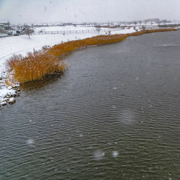 Plaza Lago de invierno con marcas de pista en su orilla nevada — Foto de Stock