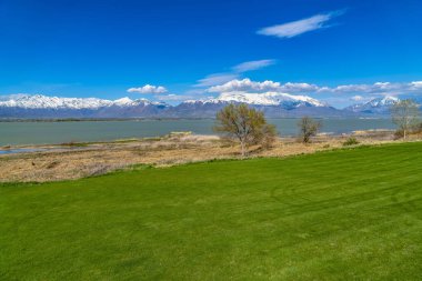Çimenli kıyı manzaralı bir gölün önünde yemyeşil alan 