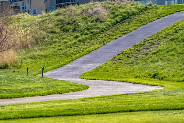 Asphaltierte Straße, die auf einem Hügel mit sattgrünen Gräsern verläuft — Stockfoto