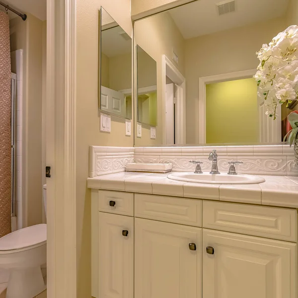 Plaza Interior de un pequeño cuarto de baño con un solo lavabo tocador e inodoro —  Fotos de Stock
