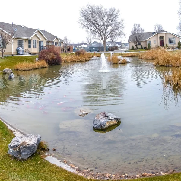 Kare Kare Karlı çim ile çevrili merkezinde çeşme ile su Parlak havuz